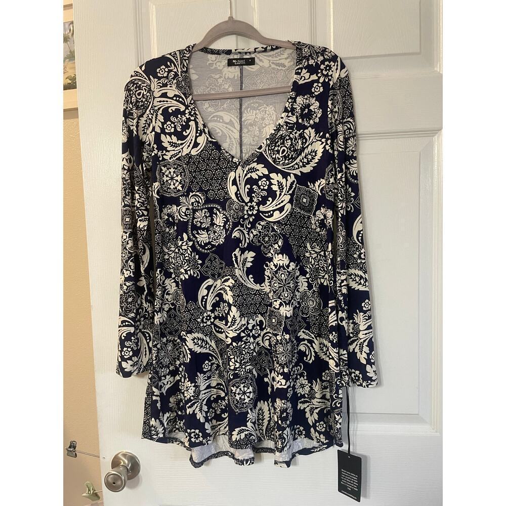 NWT Michael Lauren Kyle Paisley Navy and White long sleeved dress size Medium